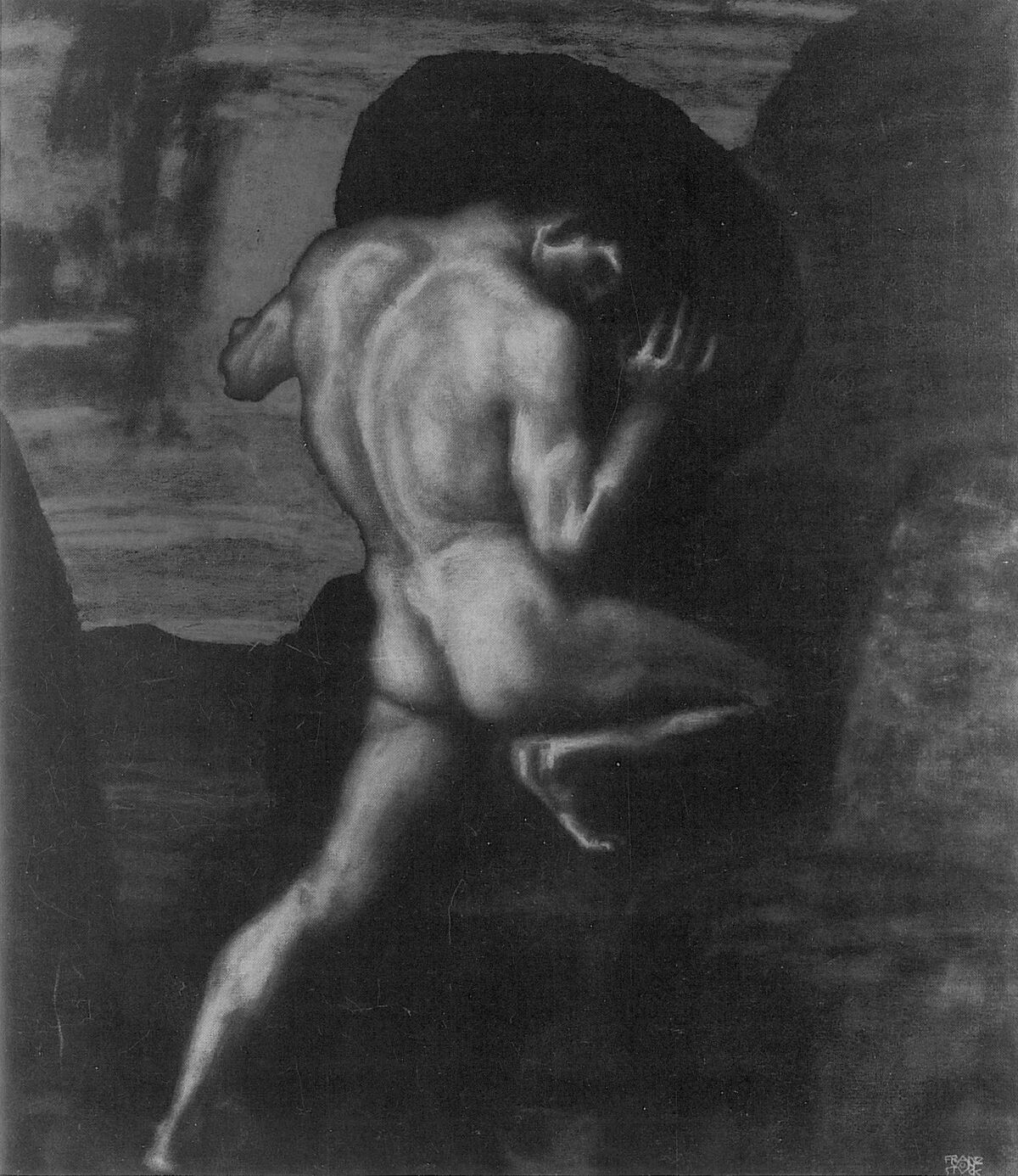 Franz von Stuck’s Sisyphus, a figure bent under a boulder, 1920.